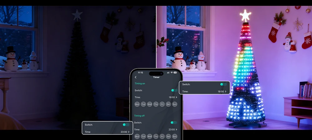 Smart Christmas Tree Lights, DIY Color Changing Waterfall Xmas Tree Lights with Ring & Top-Star, RGB-IC Dynamic String Light