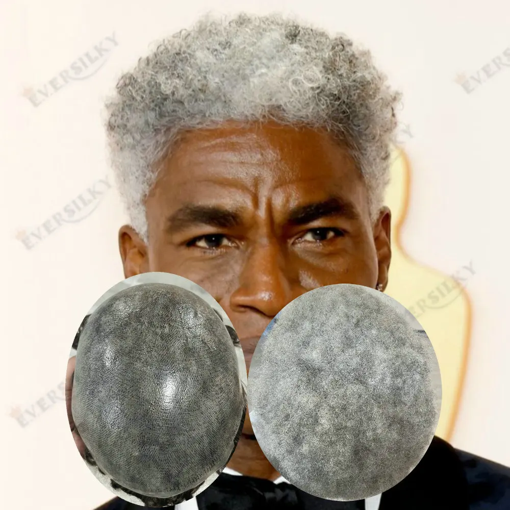 

6mm Afro Tight Curly Durable Skin Full PU Base Grey Black Hairpiece Mens Toupee 100%Human Hair Weave Prosthesis Natural Hairline