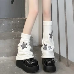 Harajuku Star Knitted Leg Warmers Women Warm Knee Bands Winter Leg Protection Y2k Girl Gothic Striped Stars Warmer Long Socks