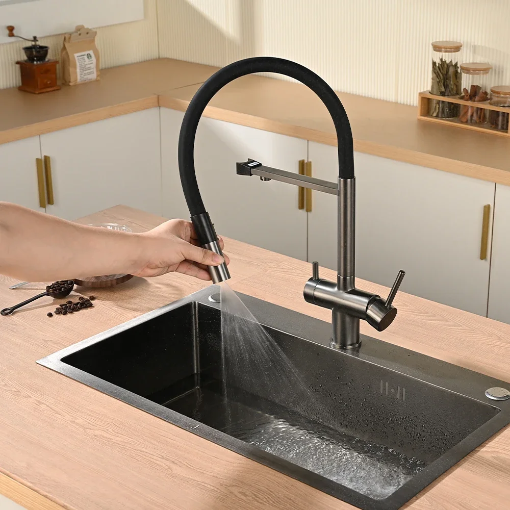 SKOWLL Modern High Arc Pull-Down Kitchen Faucet, Black Stainless Steel Sink Tap with Sprayer for Contemporary Home