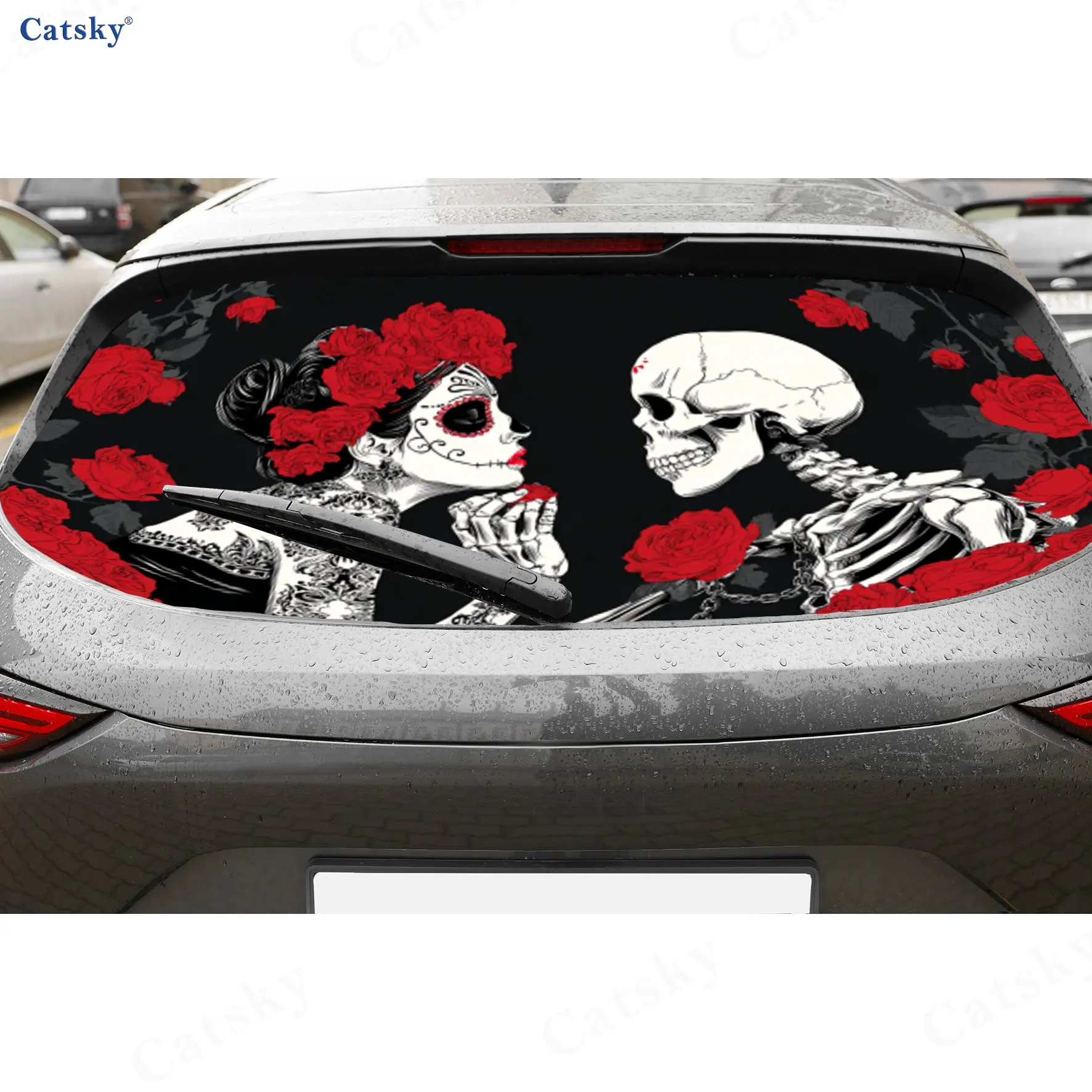 

Виниловые наклейки на автомобиль с изображением пары скелетов ко Дню мертвых, перфорированные, из ПВХ, прочные наклейки на заднее стекло автомобиля, водонепроницаемые наклейки на автомобильные окна