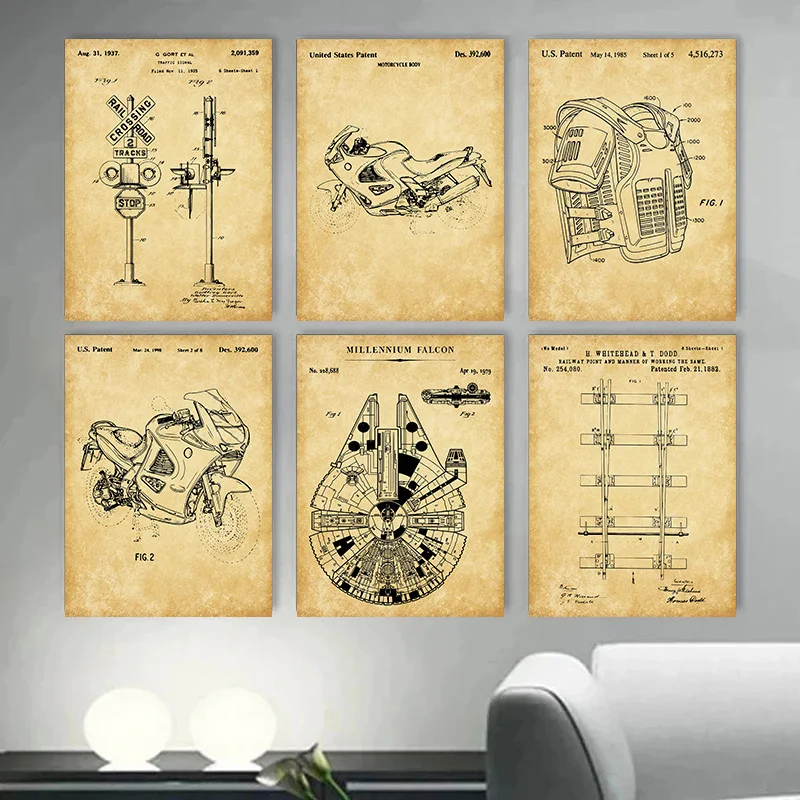 Motorcycle Patent Racing Blueprint Speed Changing Mechanism Invention Poster Wall Art Pictures Canvas Painting Room Home Decor