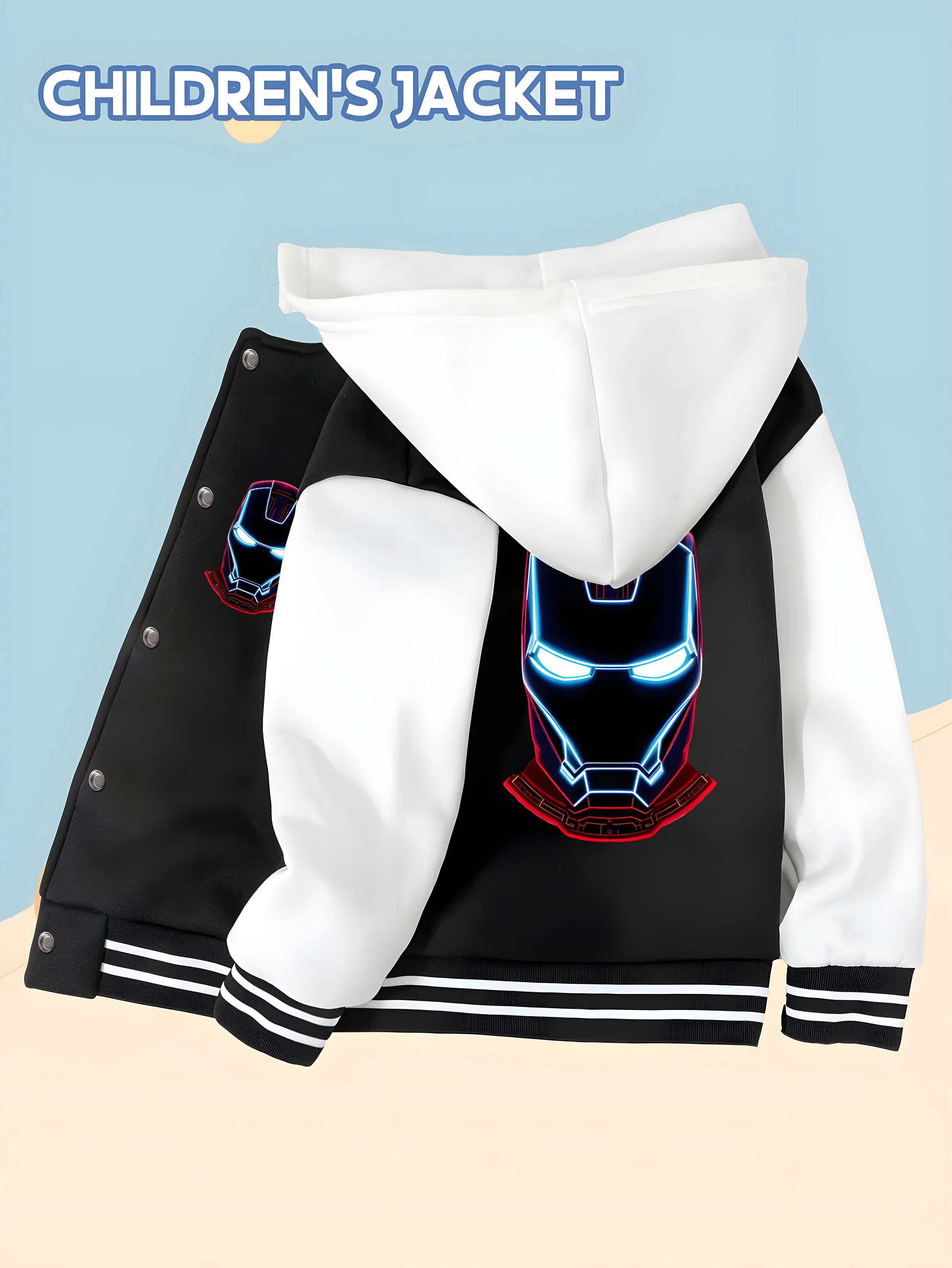

MINISO Marvel Iron Man Power Suit Kids Baseball Jacket - Trendy black and white, soft and skin-friendly fabric, autumn and winte