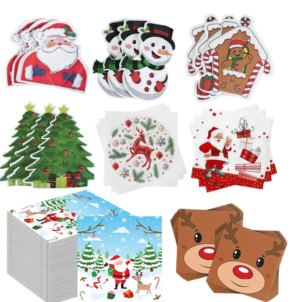 Servilletas navideñas de 20 piezas, servilletas de papel desechables de muñeco de nieve para cóctel, copo de nieve, alce, decoración de árbol de Navidad, suministros de decoración navideña de invierno
