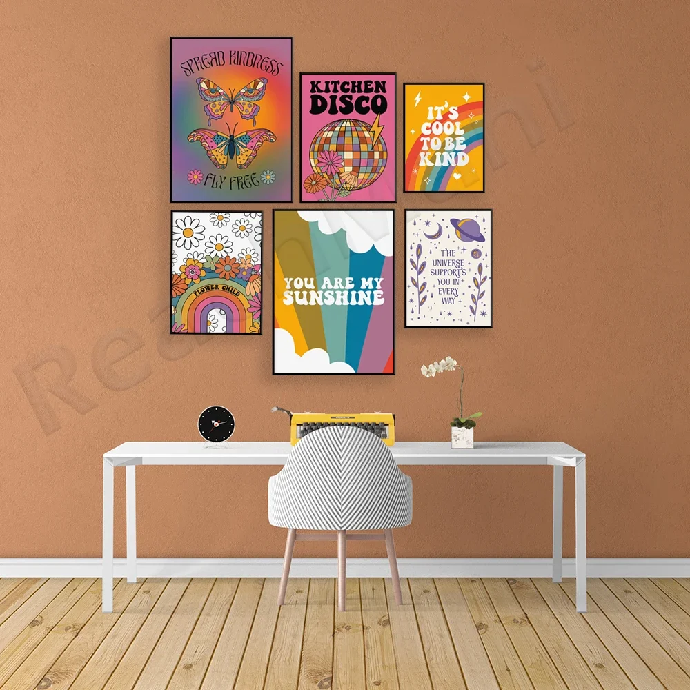 Colorful retro children's prints, flowers, rainbow, disco, funky bright bold and interesting, hippie, music lyrics, disco party