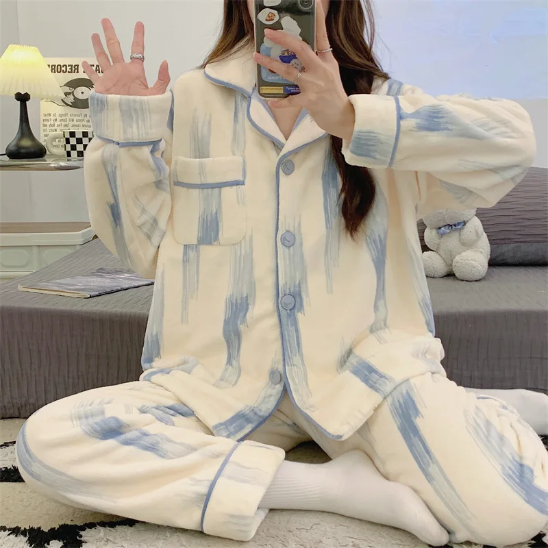 

Autumn Winter Flannel Nightwear Women Sweet Cute Pajamas Warm Thick Loose Casual Home Wear Tie Dyed Printed Sleepwear Loungewear