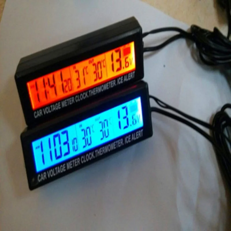 شاشة LCD رقمية للسيارة 3 في 1: ساعة، فولتميتر ومقياس حرارة مع إضاءة خلفية (أزرق/برتقالي)، مادة ABS