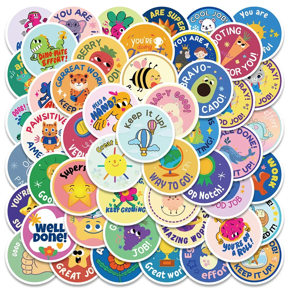 Pegatinas de recompensa inspiradoras en inglés para niños, calcomanías de dibujos animados de animales con patrón bonito, suministros para profesores de escuela, regalo para niños, 10/50 Uds.