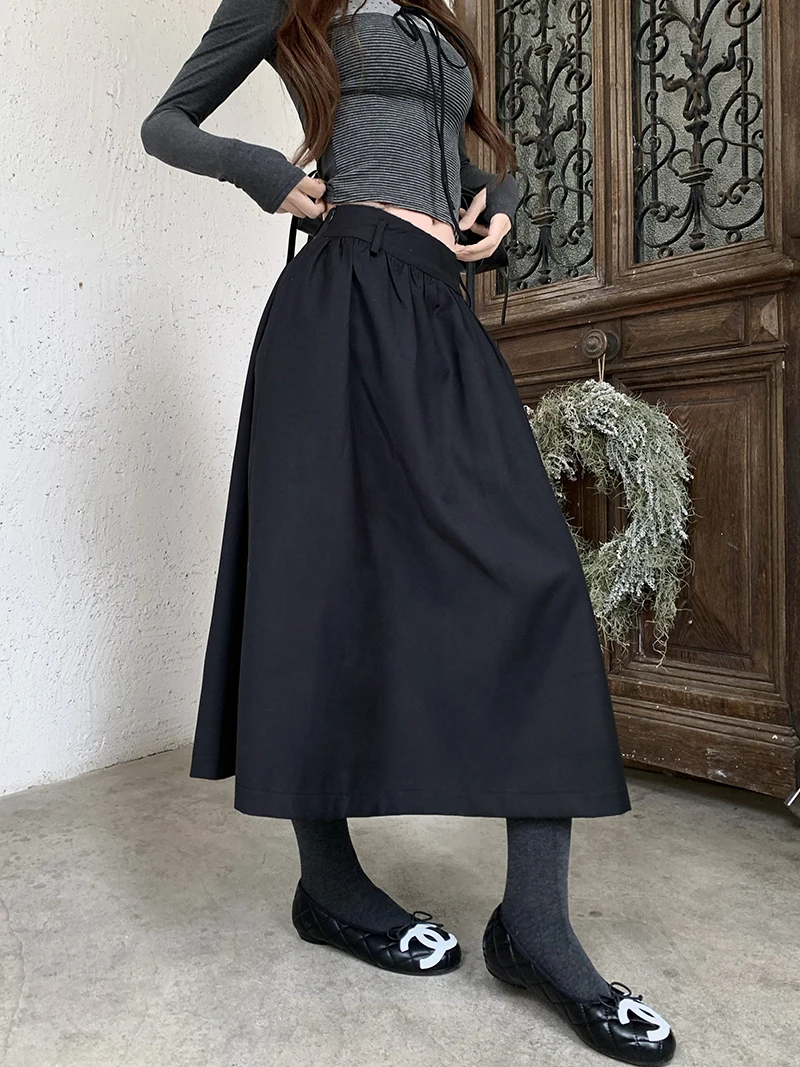 Kumikumi High Waist Simple Pure Color Versatile Elegant Midi Skirt Women's Autumn Slimming Fluffy Long Skirt