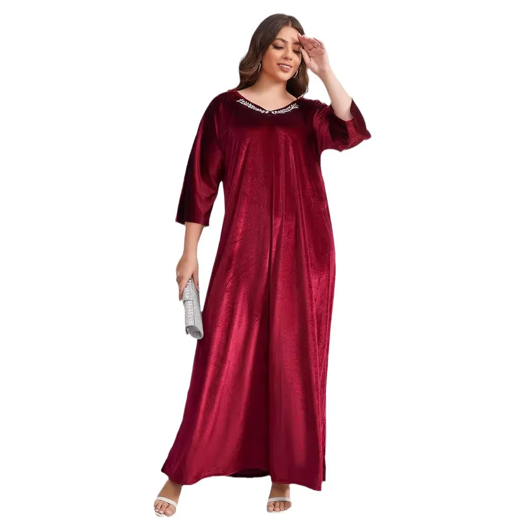 

African Velvet Plus Size Muslim Abaya Dubai Women's Outwear V-neck and Beads Detailing Abayas for Women Kaftan Femme Musulman