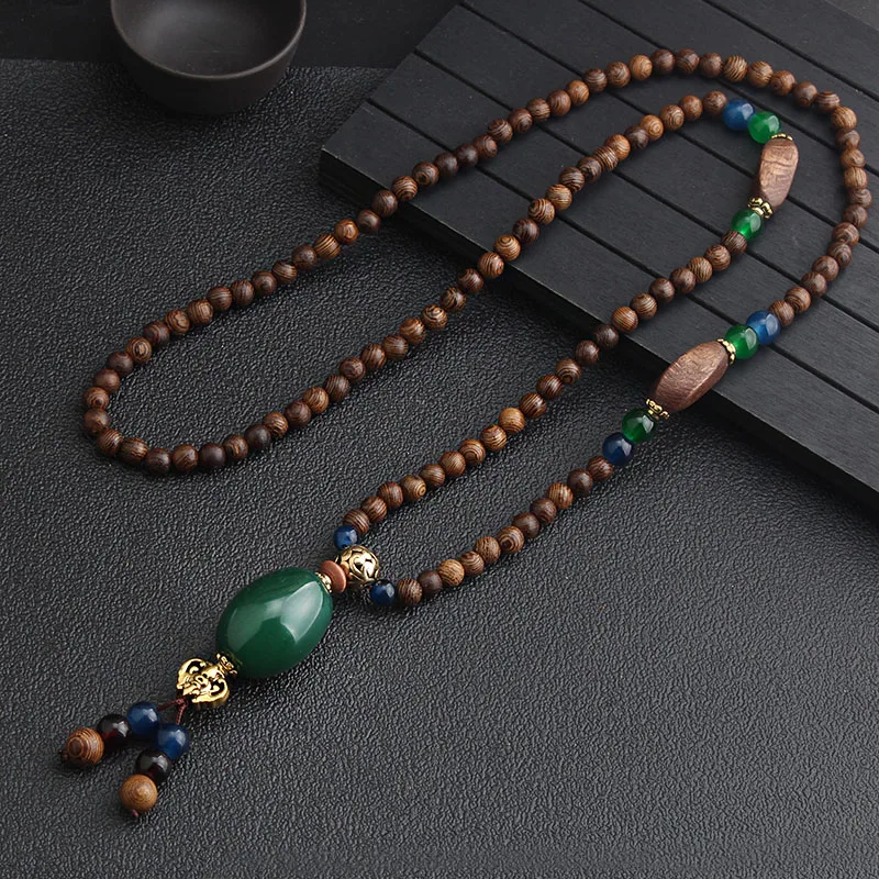 Simple Versatile Ethnic Style Sweater Chain, Long Buddha Bead Necklace, High-End Wooden Cotton Linen Accessories For Men And Wom