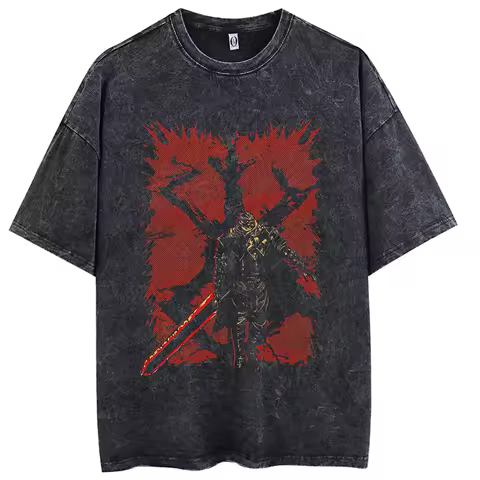 Hot Anime Berserk Guts Printed Washed T-Shirt Men High Quality Cotton Tshirts Vintage Oversized Street Tee Harajuku Male T Shirt