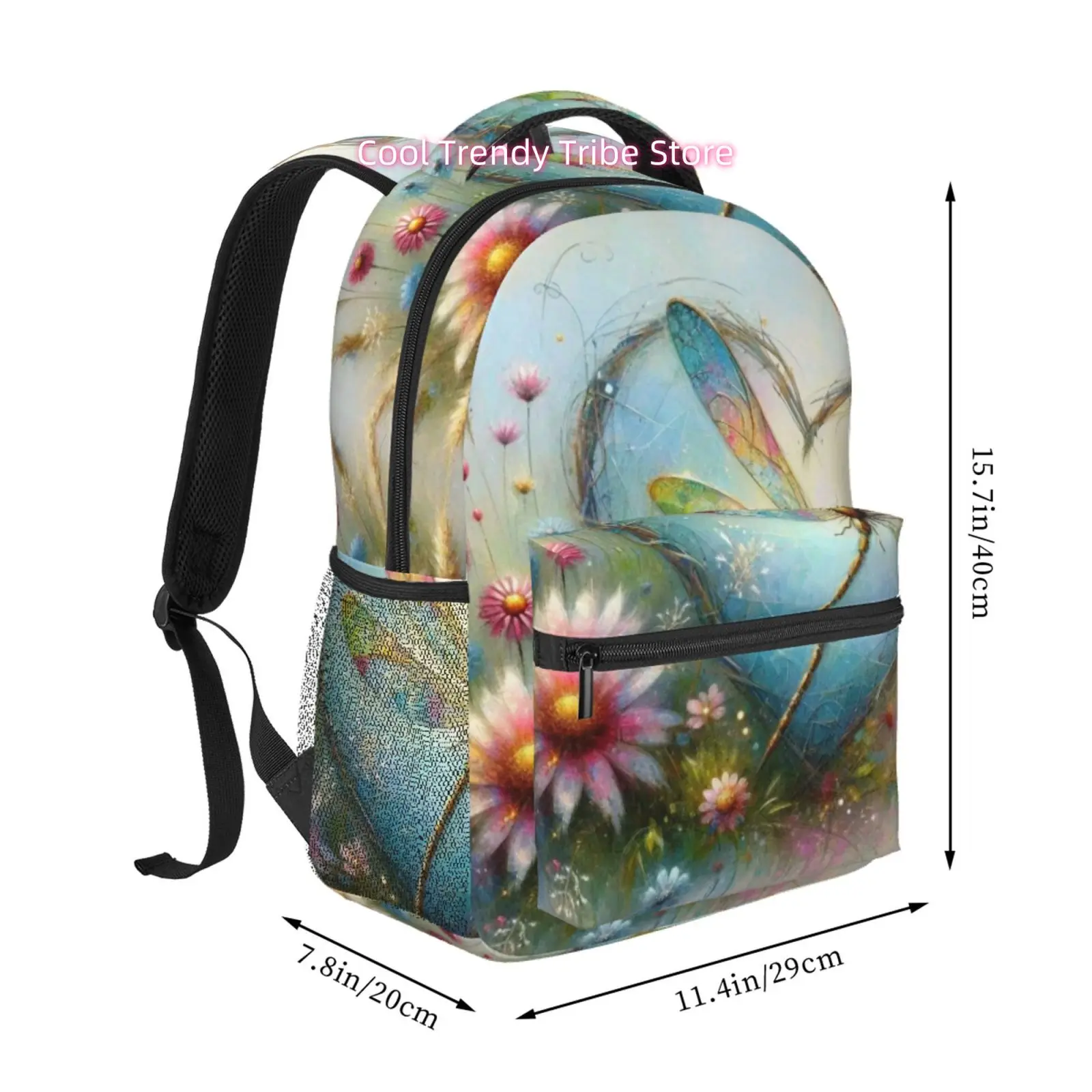 Dreamy Dragonfly and Wildflowers Print Backpack, High Quality Oxford Cloth, Adjustable Shoulder Straps, for Women Travel, Outdoo