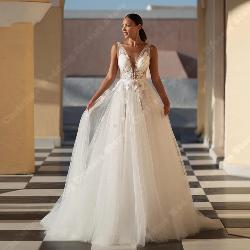 Eleganti abiti da sposa da donna con scollo a v profondo superficie in Tulle senza maniche abiti bohémien su misura lunghezza di lavaggio Vestidos De Novias