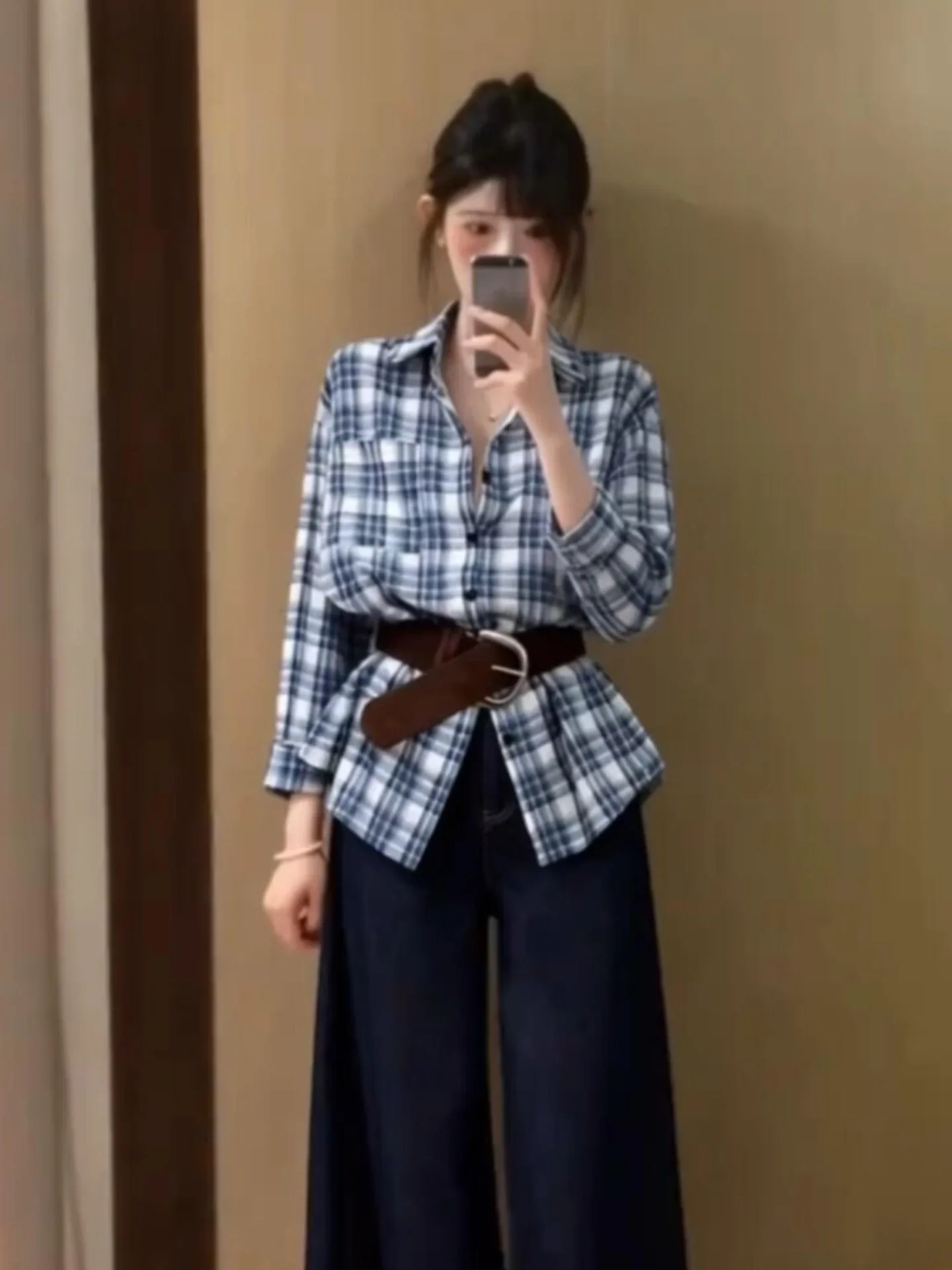 

Korean Sle Collar Long Sve Plaid irt Women's Spring New Belted Versatile High-End Feeling Top Casual Cotton Polye...