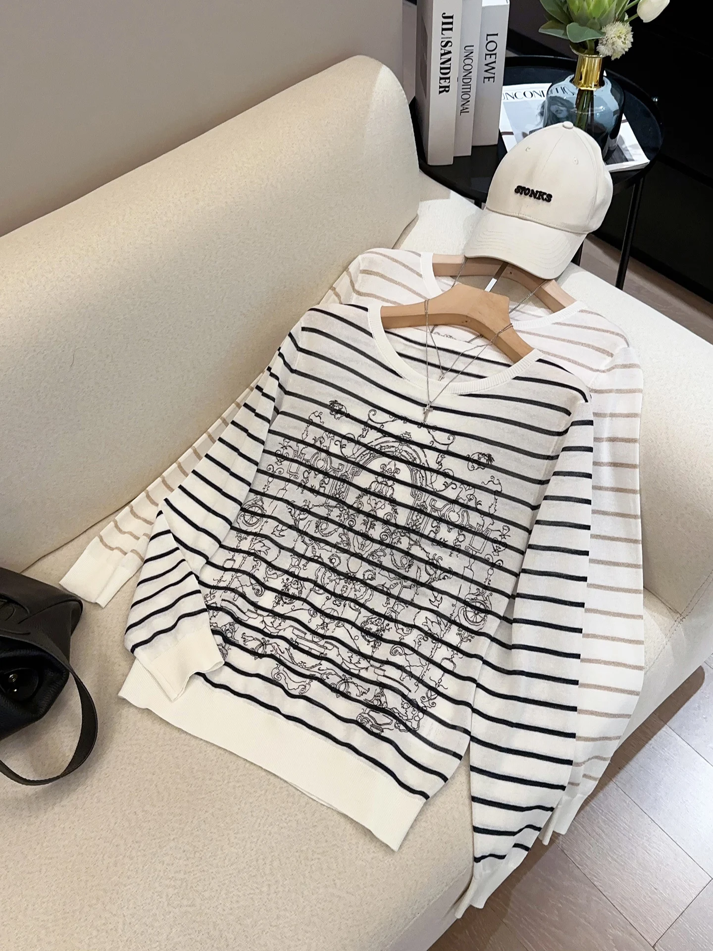 

Elegant Women's Knitted Top Slim Fit Casual Style Long Sleeve Breathable Linen Blend Spring Autumn Stripe Pattern Embroidered