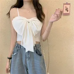 Women's 2024 Summer New Korean Commute Halter Backless Solid Color Spliced Bow Slim Fit Sleeveless Sexy Short Tank Camisole Tops