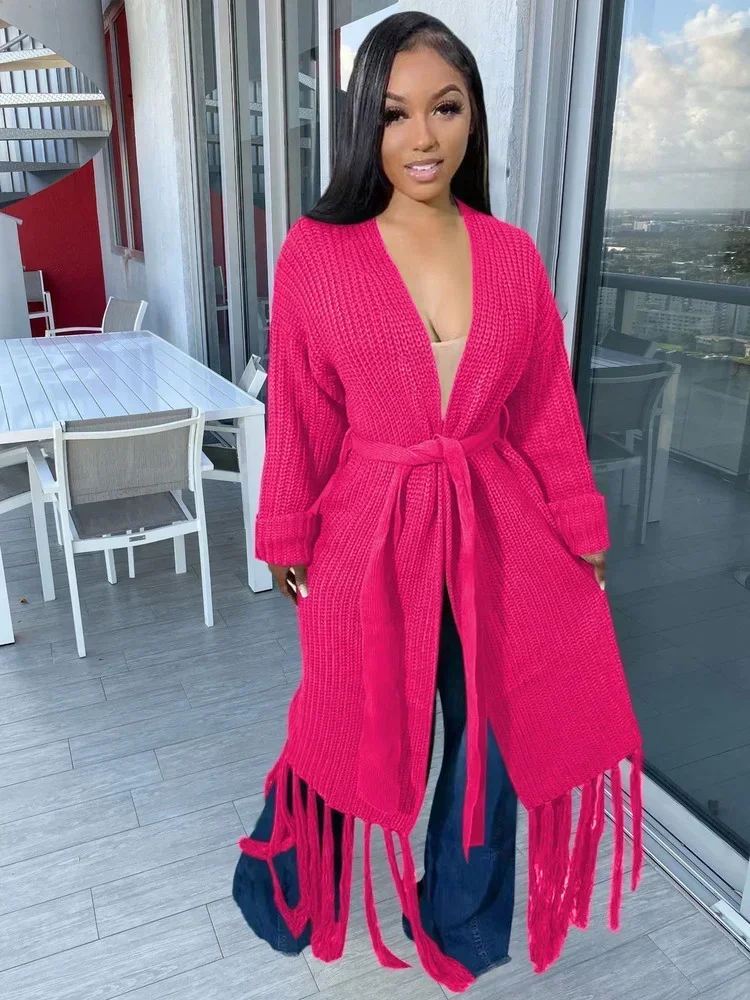 

GUWU Long Sleeve Sahses Waist Tassel Hem Sweater Cardigans Autumn Winter Women Oversized Cardigan Streetwear Casaco Feminino