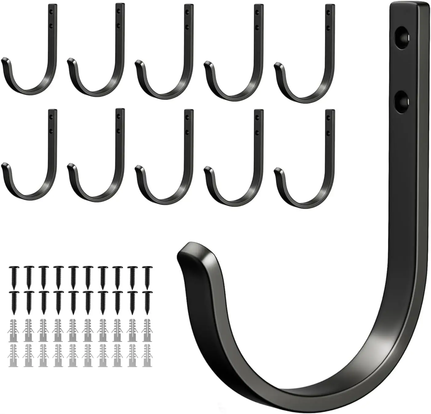 

30LB Wall Hooks 10-Pack - Heavy Duty Aluminum Hangers for Coats, Towels, Bags, Black