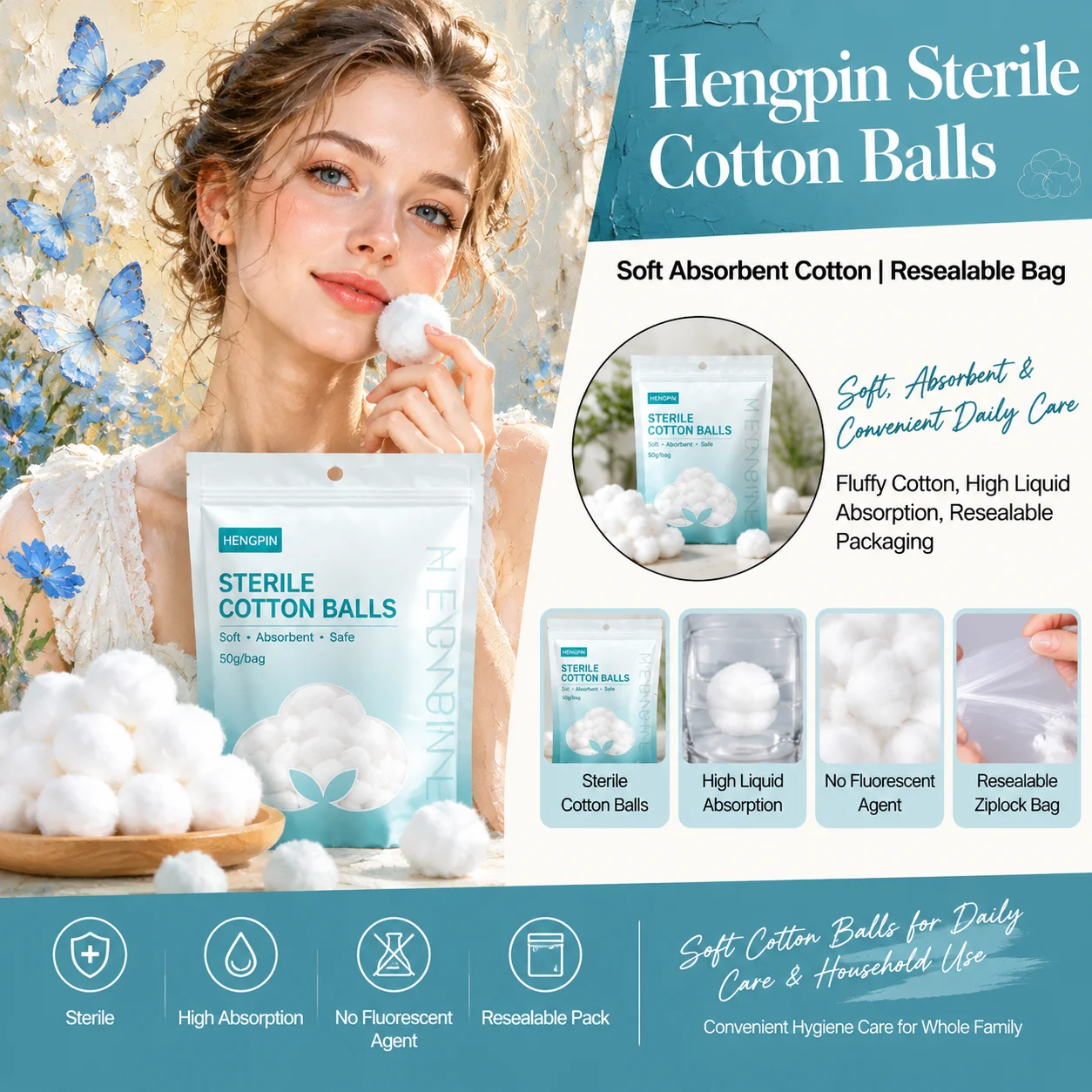 Disposable Sterile Cotton Balls 50g/Bag Self Sealing Package High Absorbency Cotton Balls for Home First Aid Makeup,Gift Tweezer