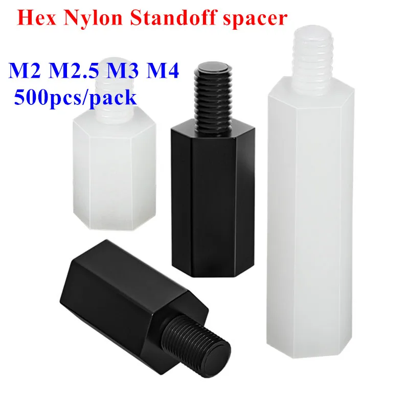 500pcs Nylon Hex standoffs M2 M2.5 M3 M4*L+6 Black White Nylon Standoff Spacer Male to Female Plastic Nylon Spacing Screw