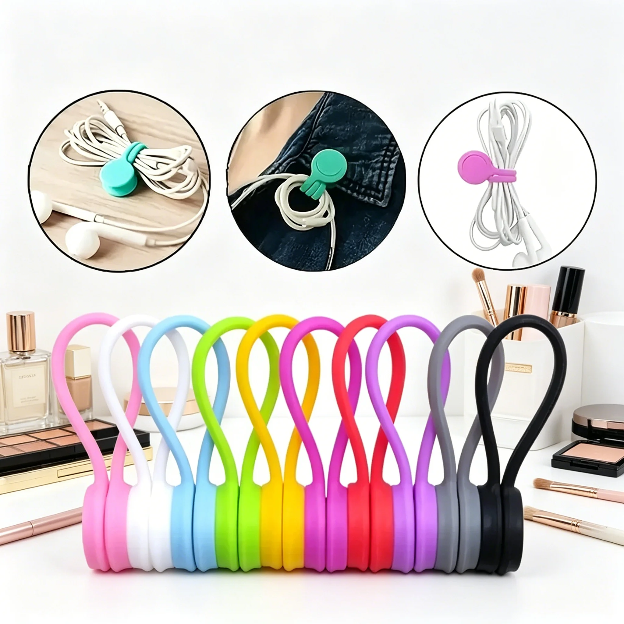 Magnetic Silicone Cable Ties 3/10Pcs, Reusable Cable Management Organizer, Multi-use Wire Winder Earphone Cord Protector Holder