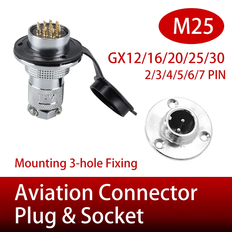 

5/100Sets GX12 GX16 GX20/25/30 M25 Aviation Plug Socket Flange Mounting 3-Hole Fixing 2/3/4/5/6/7/8/9/10/12/14/15pin Connector