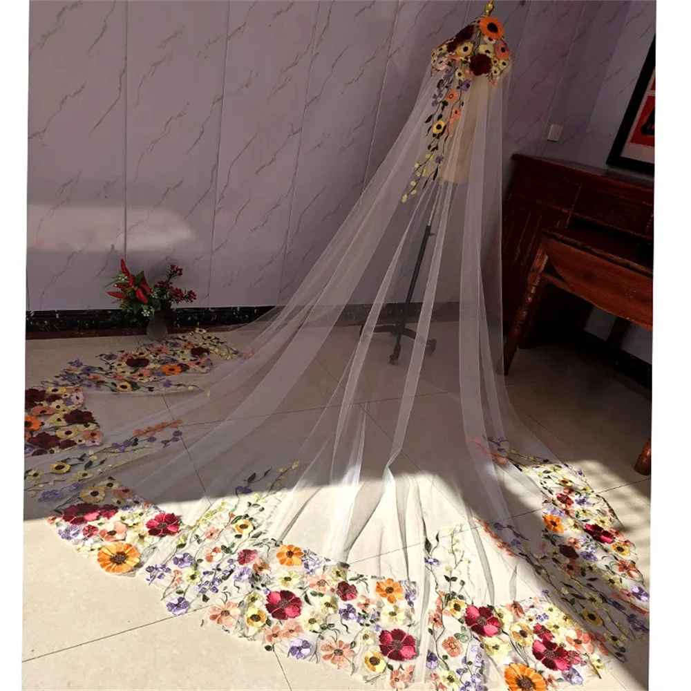 Amanda Embroidery three-dimensional flower veil church wedding accessories 3 meters wide wedding bride 2024 lawn veil with hair