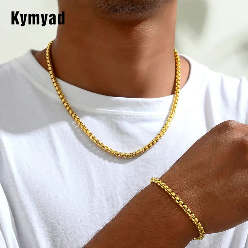 Kymyad Fashion Necklace Bracelet Set For Men Gold Color Corn Men's Necklaces Simple Man Jewelry Set