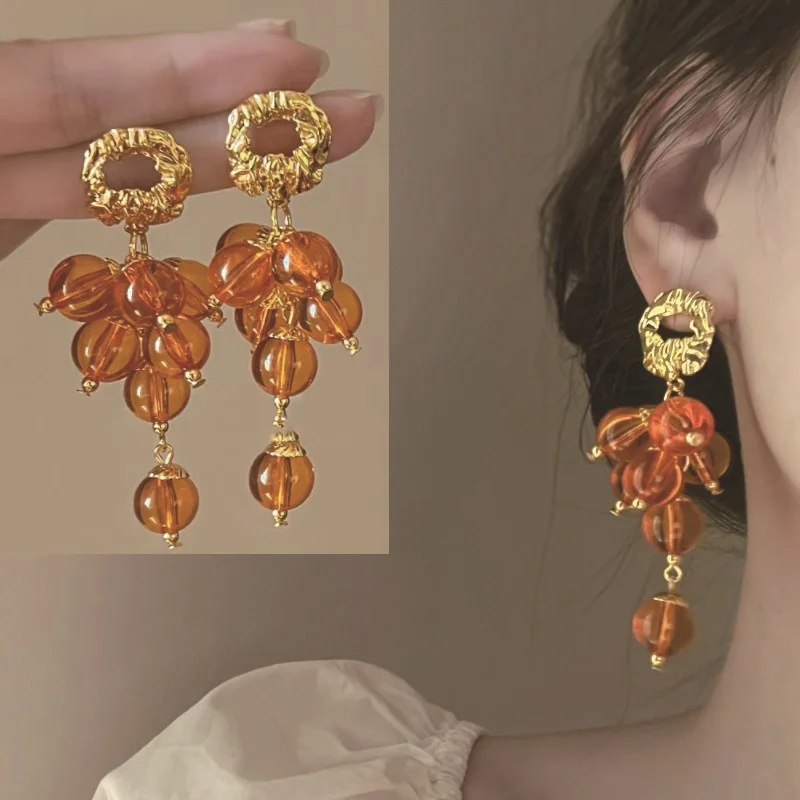 French Vintage Beaded Tassel Earrings Orange Bead Earrings