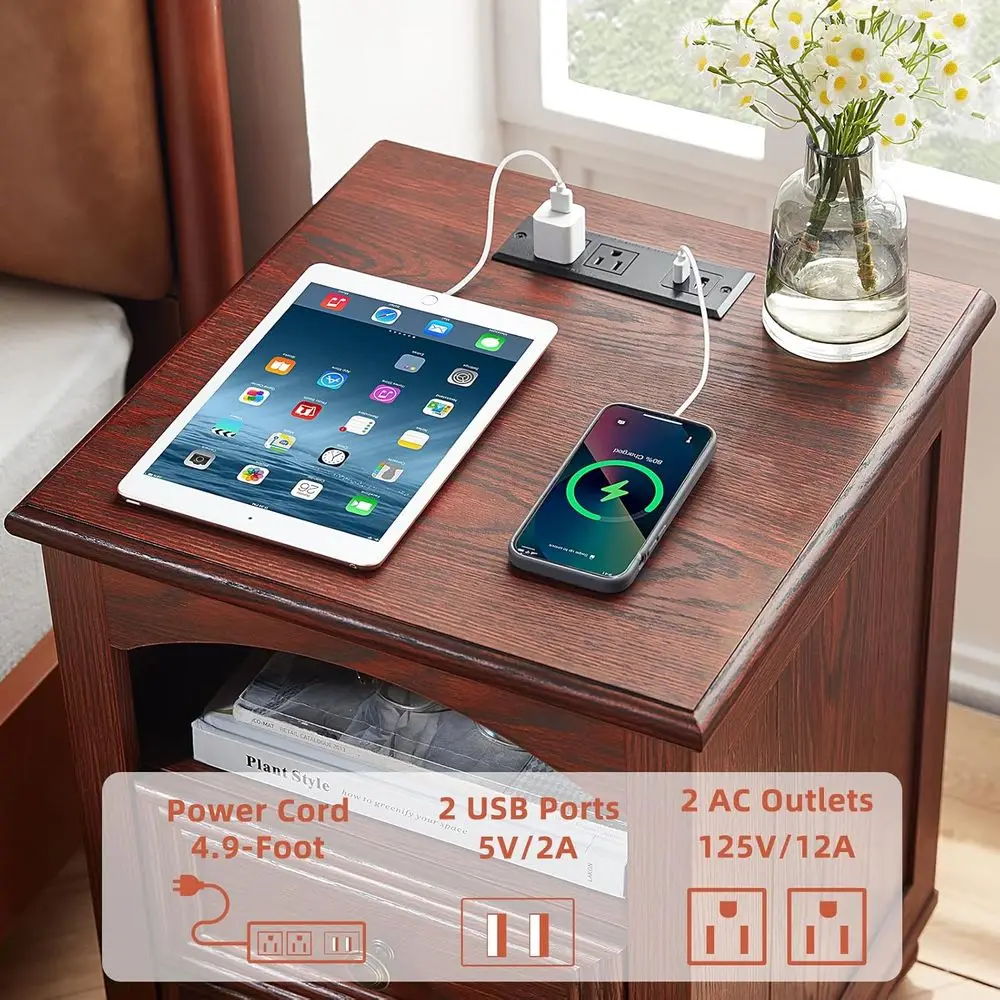 زوج من 18 طاولة ليلية للمزرعة من خشب البلوط الأحمر مع درجين و3 أدراج، وحدة تخزين، وعمود روماني لغرفة النوم وغرفة المعيشة والخزانة