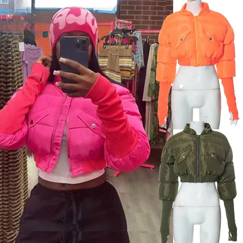 

Winter Down Jackets For Women 2023 Zip Up Fashion Long Sleeve Women Gray Pockets Puffer Cut Out Crop Top Jackets Coats