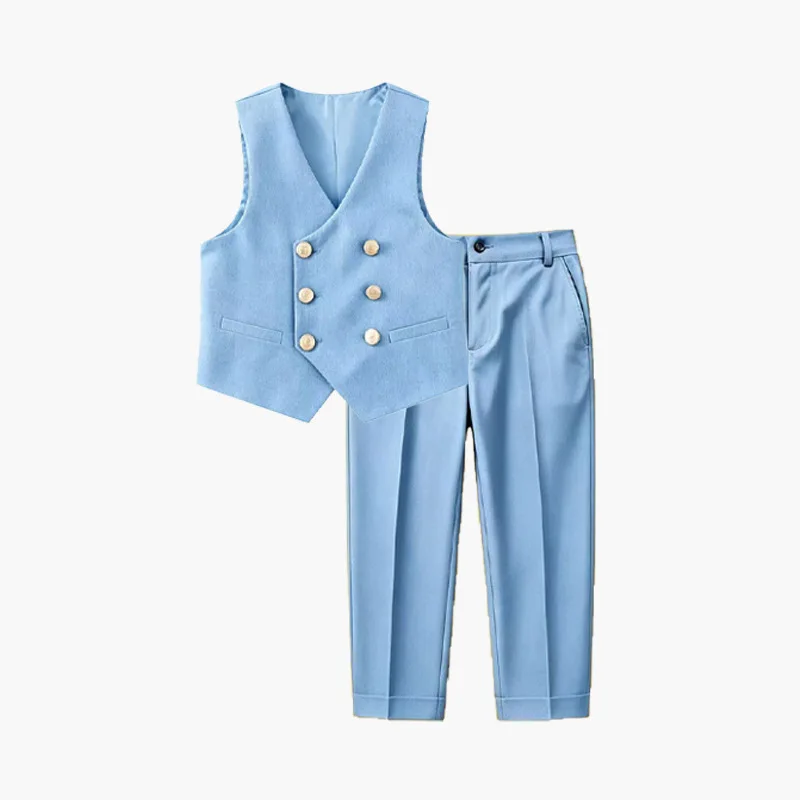 Boys British Style Waistcoat Set Light Blue Double Breasted Vest with Cuffed Pants Kids Smart Casual Piano School Wear 2-16Y