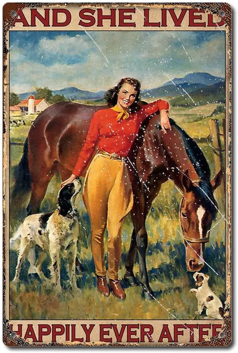 TRITXIY Cowgirl Poster Horse And Dog Lovers Poster And She Lived Happily Ever After Poster, Home Decor Metal Vintage Tin Sign Ma