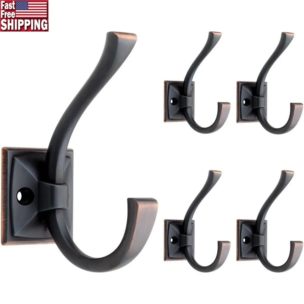 

5-Pack Wall Mounted Coat and Hat Hooks Double Hooks Durable Bronze Hanger Backpack Purse Bag Organization