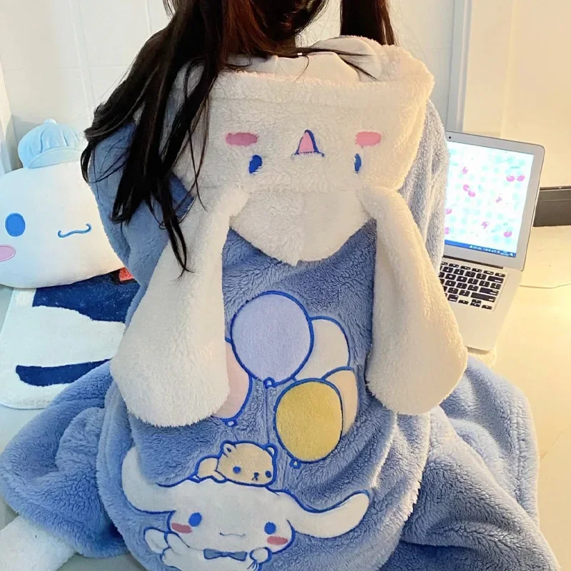 Kawaii Cute Sanrio Cinnamoroll Hooded Nightgown Sets Winter Plush Anime Cartoon Women Pajamas Loose Leisure Warm Home Wear