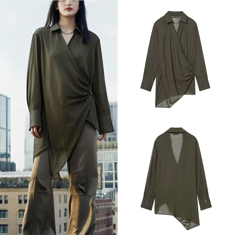 

2025 Autumn New Women's Fashion Casual Versatile Series Double-Breasted Asymmetrical Draped Solid Color Top, European and Americ
