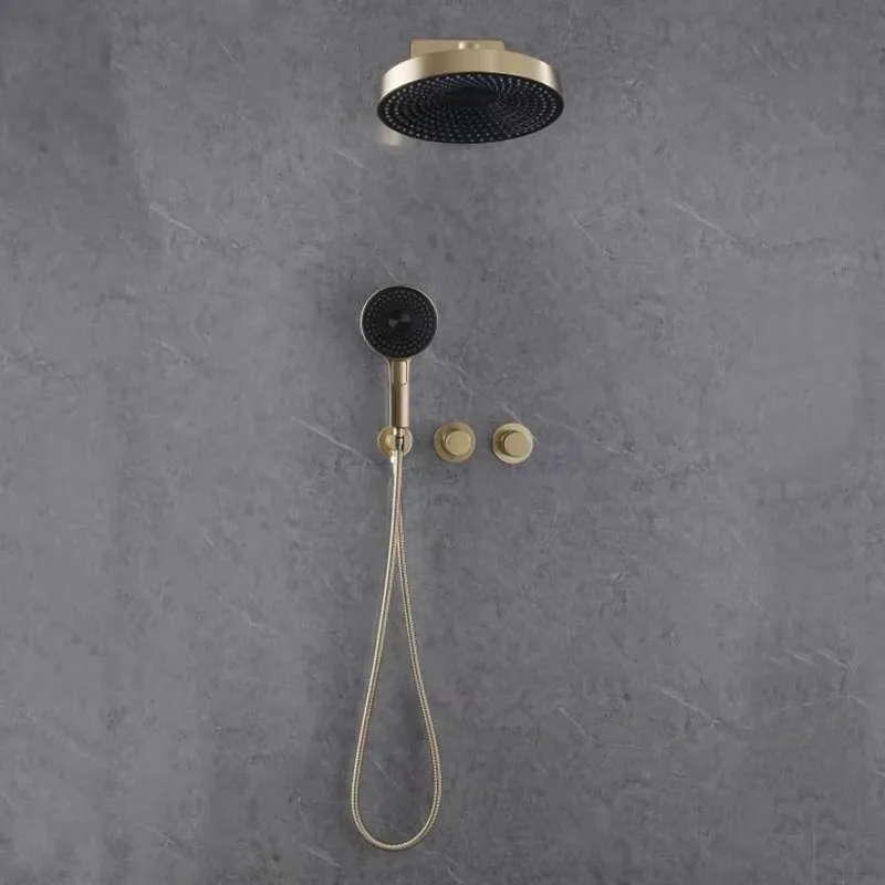 Factory Direct Sale Uncoated Brass Brushed Gold Concealed Wall Mounted Shower System Two Handles Shower System