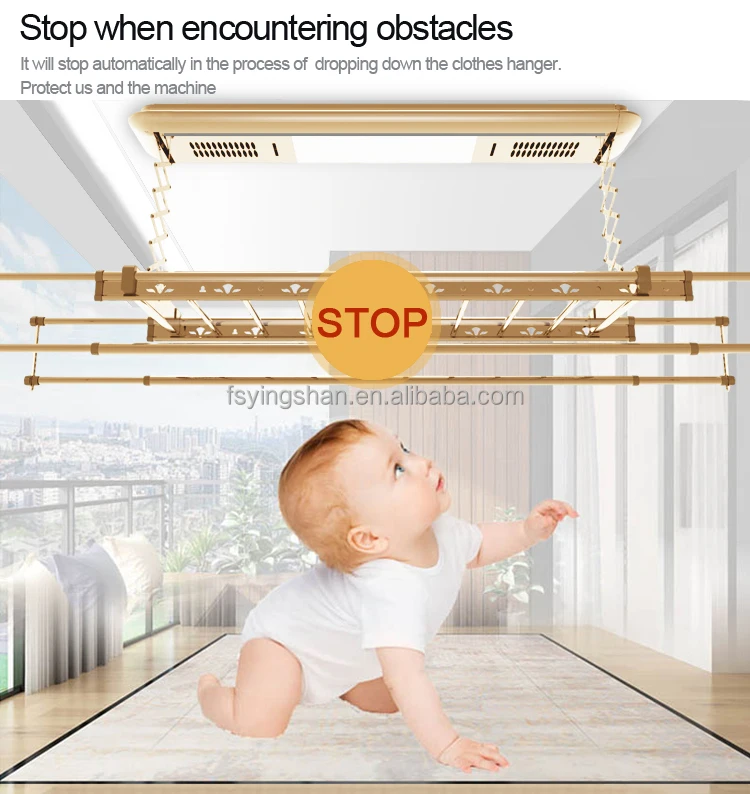 Smart Home Electronic Folding Ceiling Drying Rack with Aluminum Hangers Remote Control LED Lighting & Voice Control for Home Use