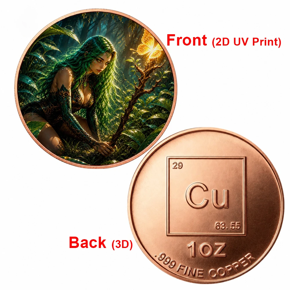 1pc 1oz .999 Fine Copper Magical Forest Dryad Challenge Coin Nature Butterfly Fantasy Collectible Coin Souvenir Gifts for Her
