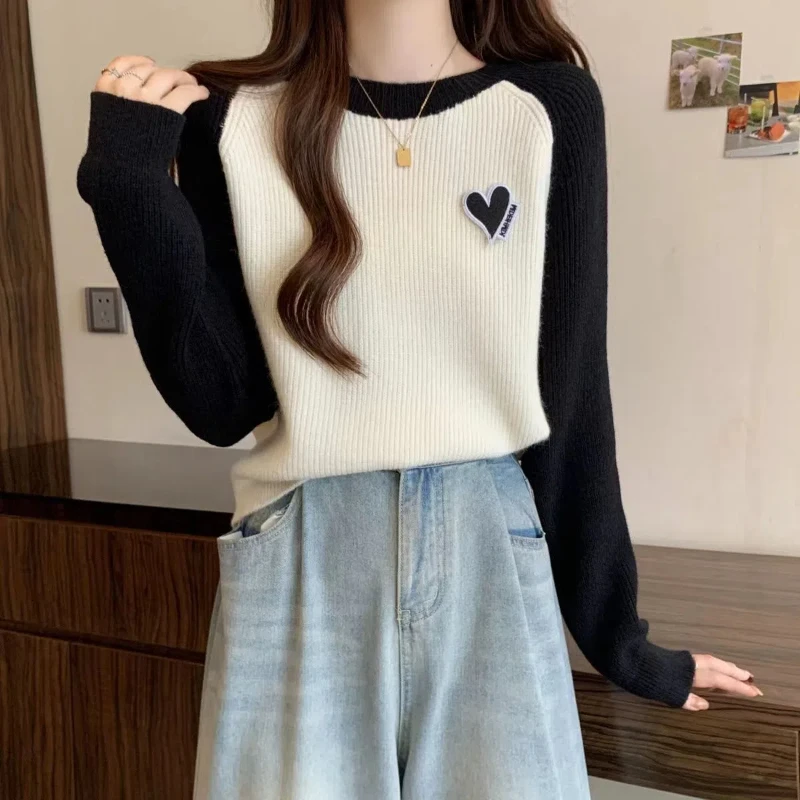 

Crew Neck Screw Thread Knitted Long Sleeve Geometric Casual Women's Pullover Sweater Autumn Winter Contrast Color Sweet Tops