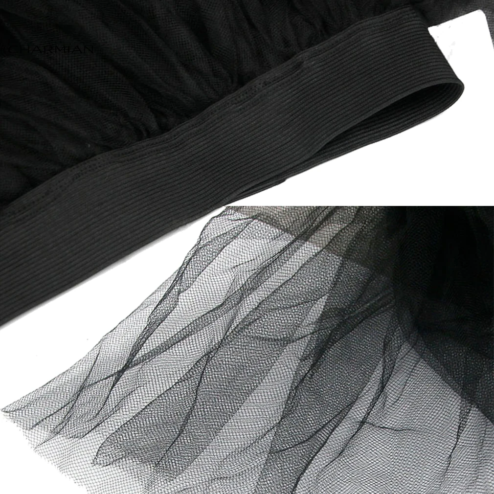 Charmian-falda de tul Alto y Bajo para mujer, falda negra Retro multicapa de gasa elástica de cintura alta para baile, enagua para fiesta, disfraz
