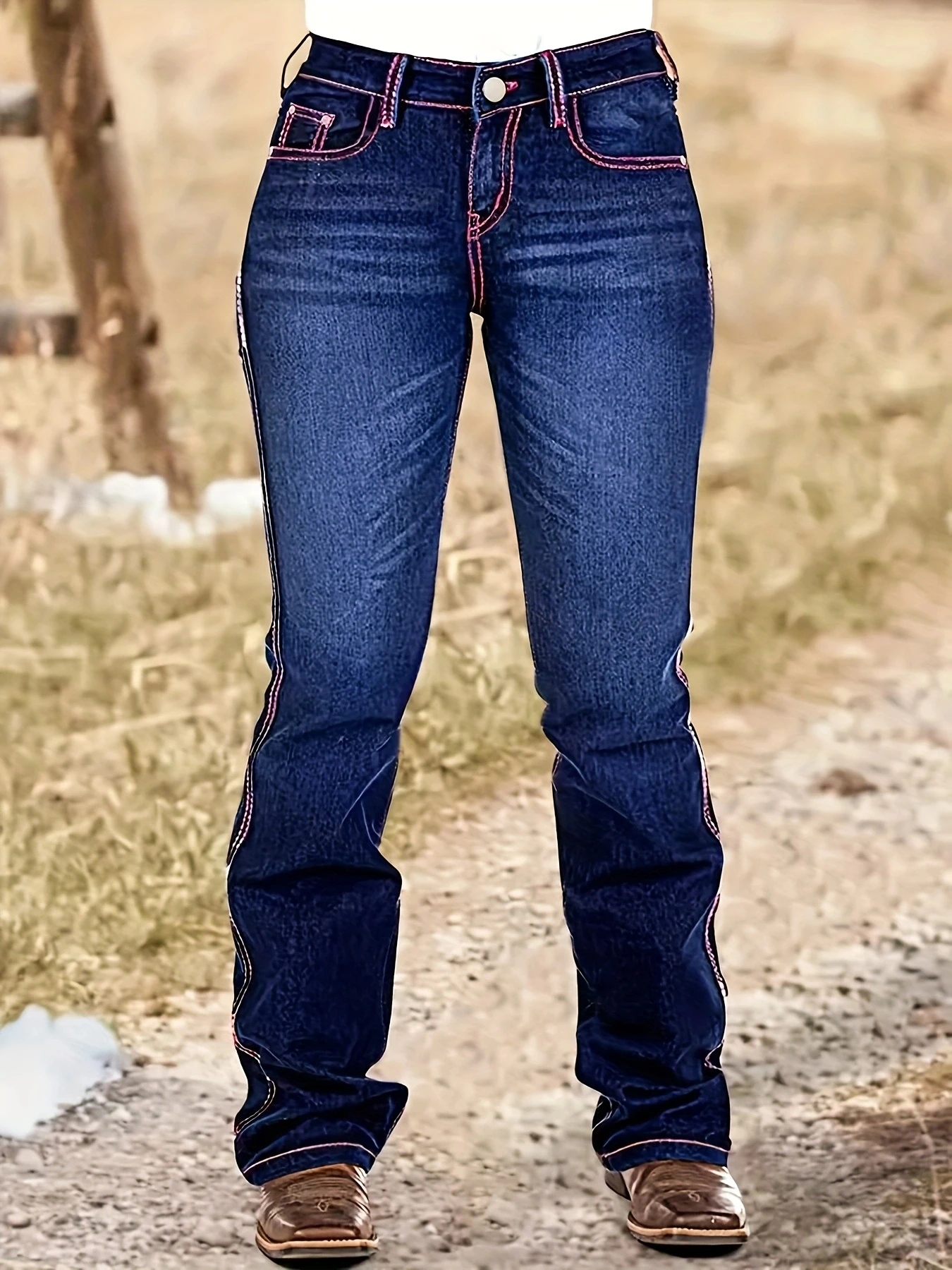 

Women's deep blue slim fit micro flared jeans with red lines and horse head embroidery