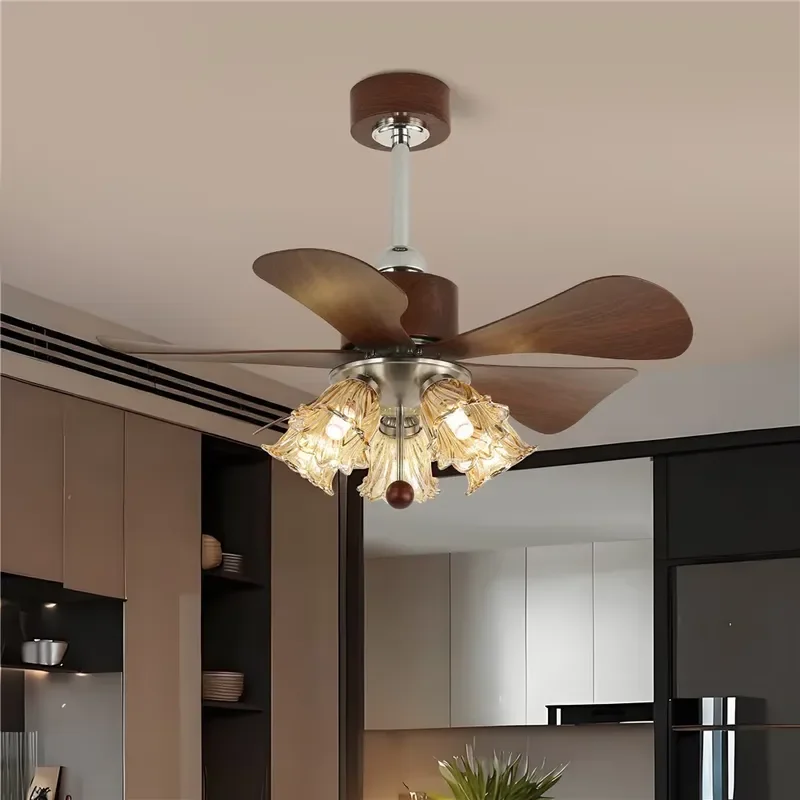 European Creative Elegant 5 Heads Amber Flower Glass Shade ABS Blades Ceiling Fan with Lights for Living Room Bedroom Cafe