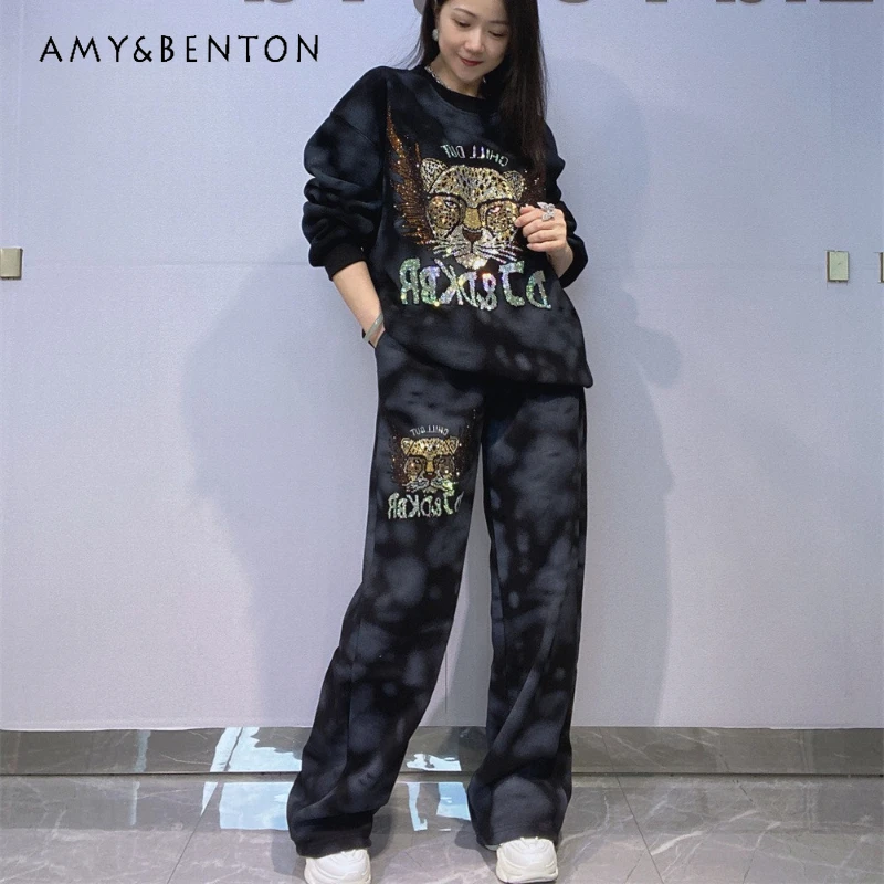 

Women's Winter Fleece Lined Thick Tie-Dye Long Pants Two-Piece Set American Rhinestone O-Neck Long Sleeved Sweatshirt Outfits