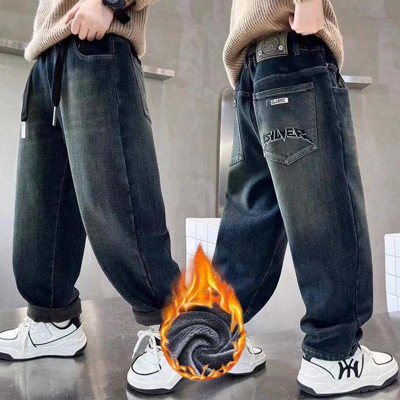 

Теплые джинсы для мальчиков, модные повседневные прямые джинсовые брюки с буквенным принтом, осенне-зимняя модная уличная одежда для детей 5-14 лет
