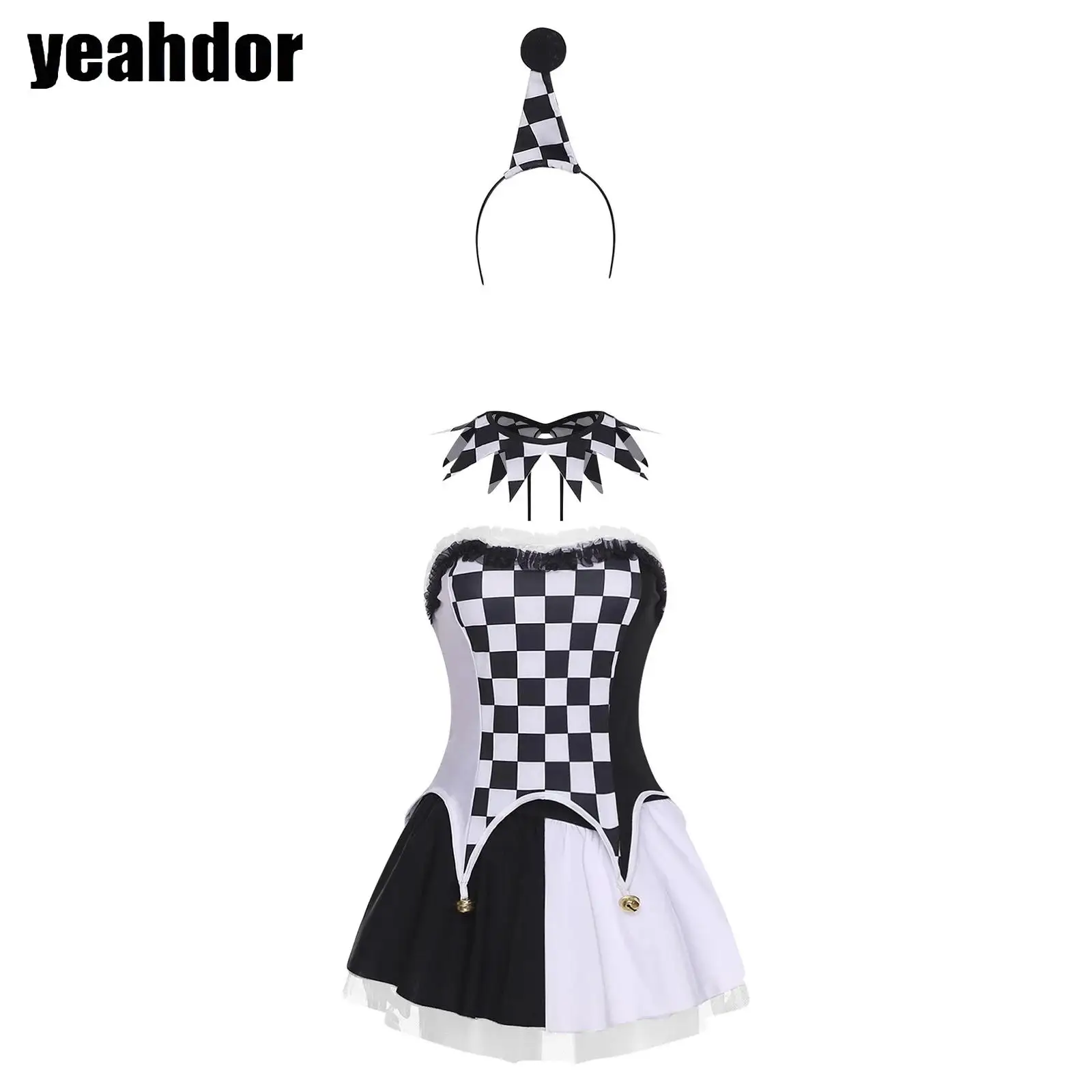 

Women Halloween Clown Dress-up Ballet Tutu Dress Checkerboard Miniskirt Plaid Necklace +Headwear Evil Jesters Cosplay Costume