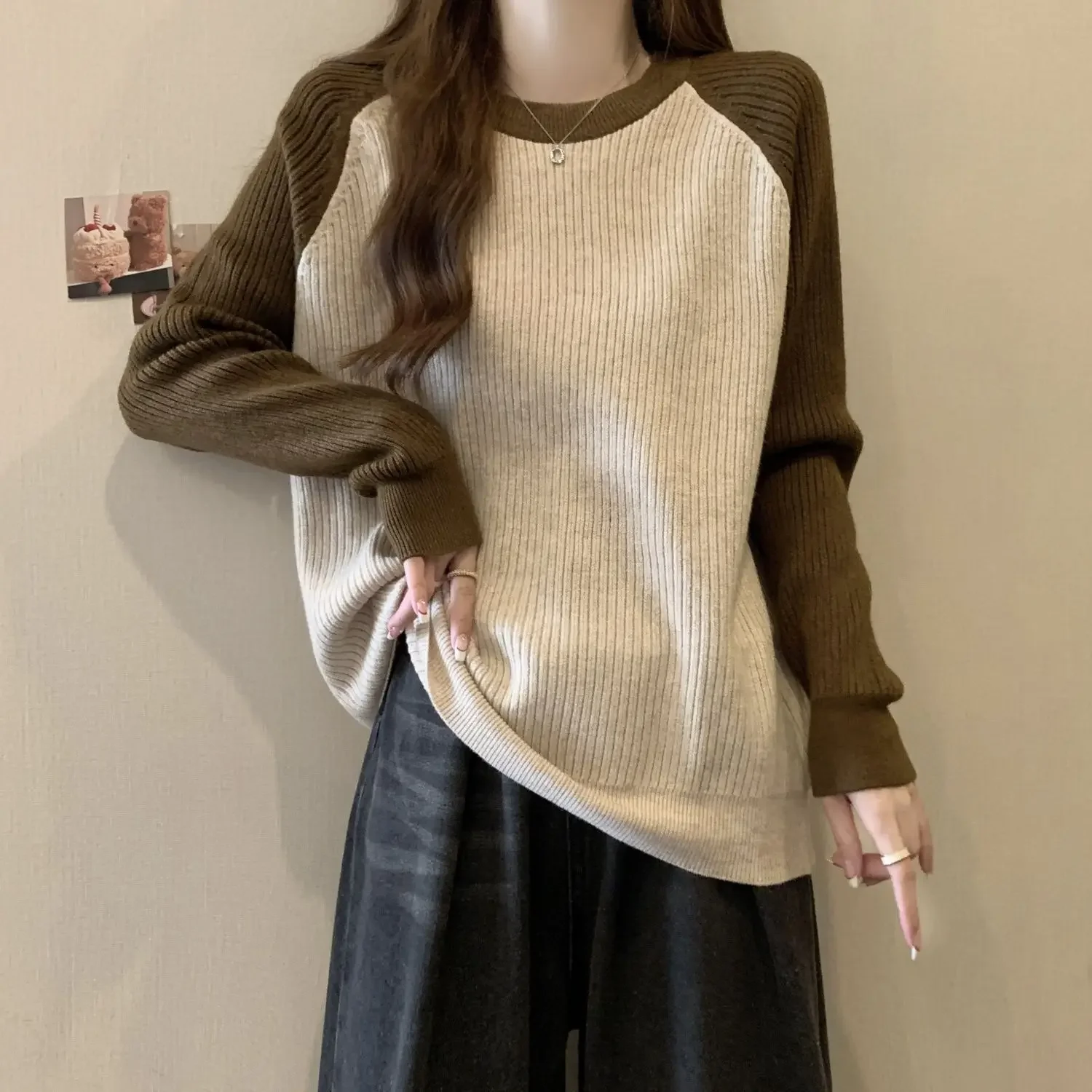 Korean Version Textured Oversized Long Sleeved T-shirt for Women Autumn Season New Loose Patchwork Color Contrast Bottom Top Ins