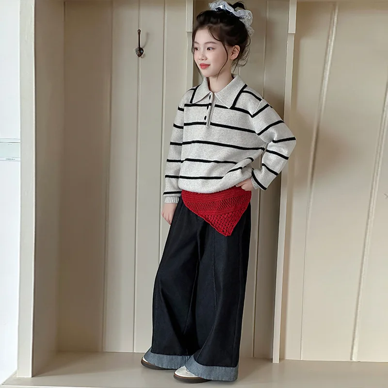 

Children Girls Two-piece Suits Autumn Kids Girls Striped Turn Down Collar Sweatshirt Junior Girls Patchwork Wide Leg Jean Sets