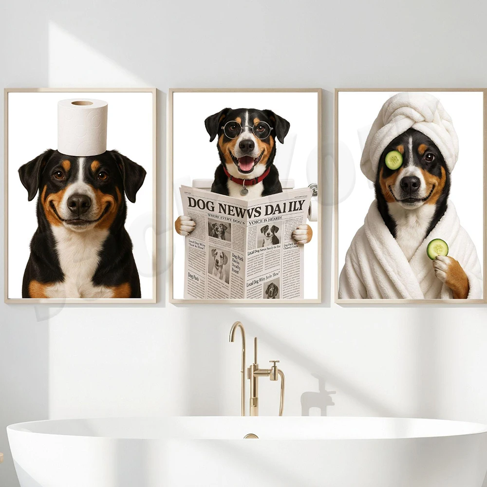 Dogo Argentino, Basenji, Azawak, Australian Terrier, Appenzelsen Nurse wearing bathrobes, bathroom decoration poster.